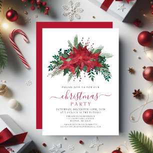 Elegant Red Poinsettia Floral Christmas Party Invitation