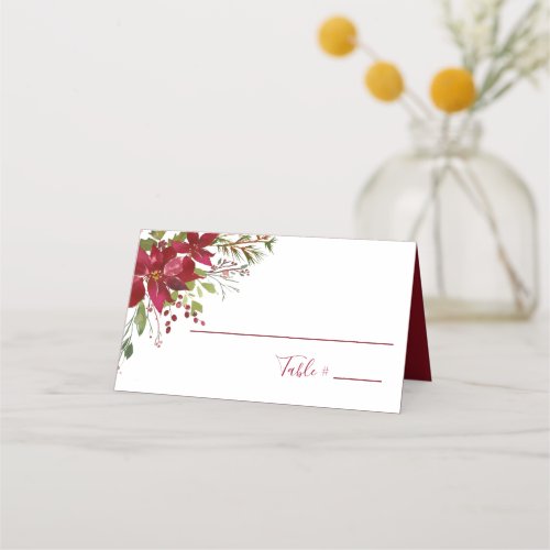 Elegant Red Poinsettia Floral Christmas Reception Place Card