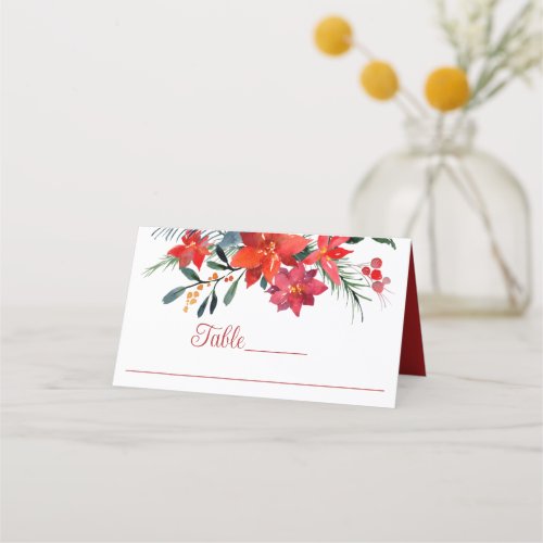 Elegant Red Poinsettia Floral Christmas Wedding Place Card