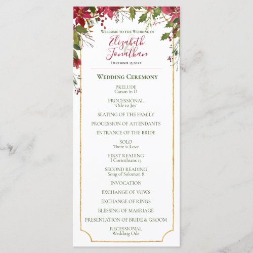 Elegant Red Poinsettia Floral Christmas Wedding Program