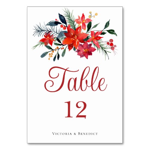 Elegant Red Poinsettia Floral Christmas Wedding Table Number