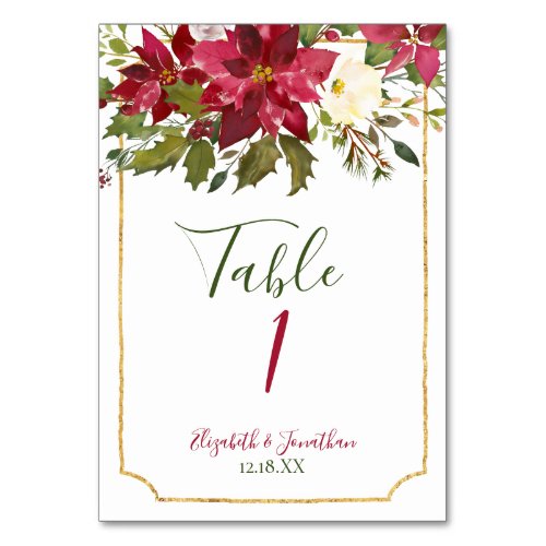 Elegant Red Poinsettia Floral Christmas Wedding Table Number