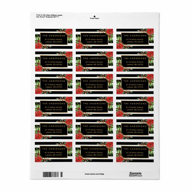 Elegant Red Poinsettia Floral Gold Frame Holiday Label