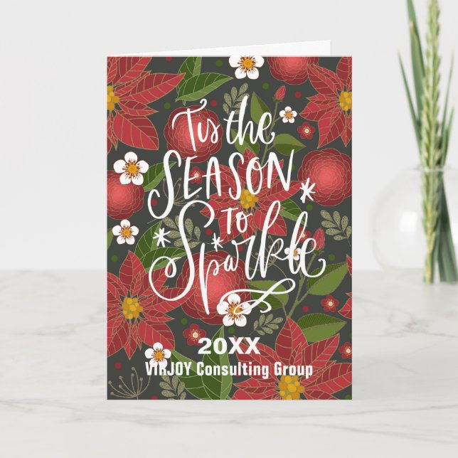 Elegant Red Poinsettia Floral Green Photo Business Holiday Card (Front)