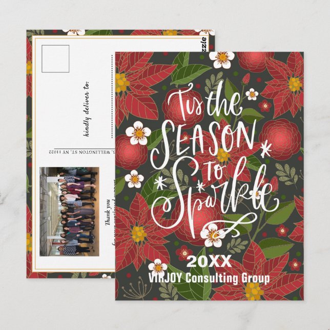Elegant Red Poinsettia Floral Green Photo Business Postcard (Front/Back)