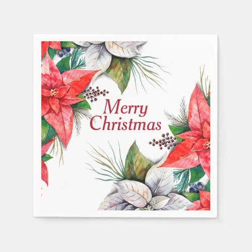 Elegant Red Poinsettia Floral Holly Berry Paper Na Napkins