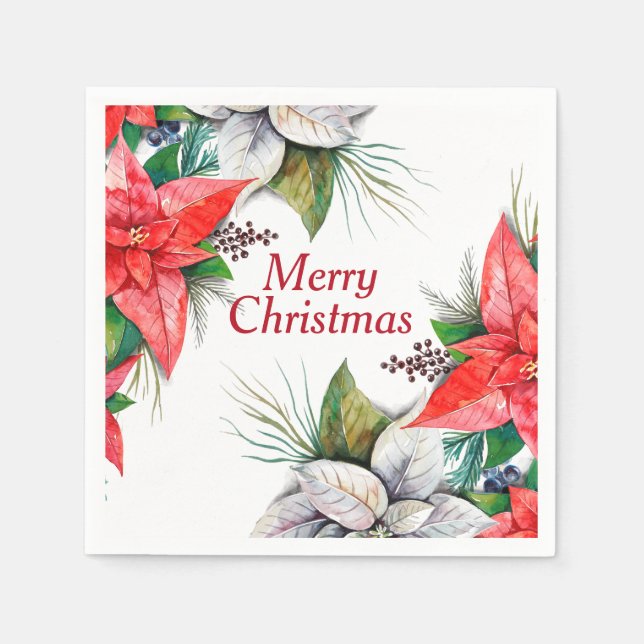 Elegant Red Poinsettia Floral Holly Berry Paper Na Napkins (Front)