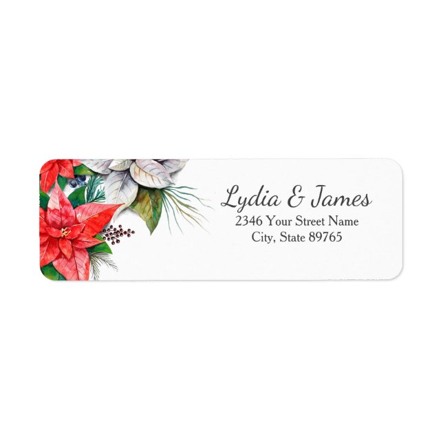 Elegant Red Poinsettia Floral Holly Return Address Label (Front)