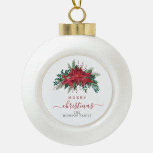 Elegant Red Poinsettia Floral Merry Christmas Ceramic Ball Christmas Ornament