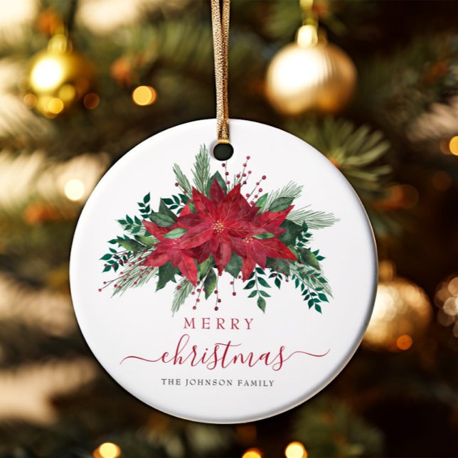 Elegant Red Poinsettia Floral Merry Christmas Ceramic Ornament (Elegant Red Poinsettia Floral Merry Christmas Ceramic Ornament)