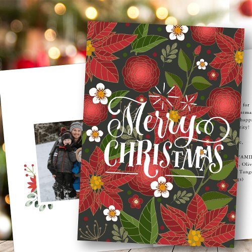 Elegant Red Poinsettia Floral Modern Script  Holiday Card