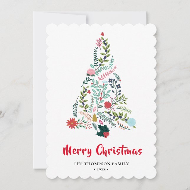 Elegant Red Poinsettia Floral Pine Tree Christmas  Holiday Card (Front)