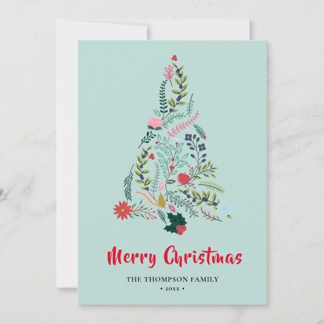 Elegant Red Poinsettia Floral Pine Tree Christmas  Holiday Card (Front)