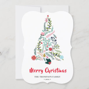 Elegant Red Poinsettia Floral Pine Tree Christmas Holiday Card