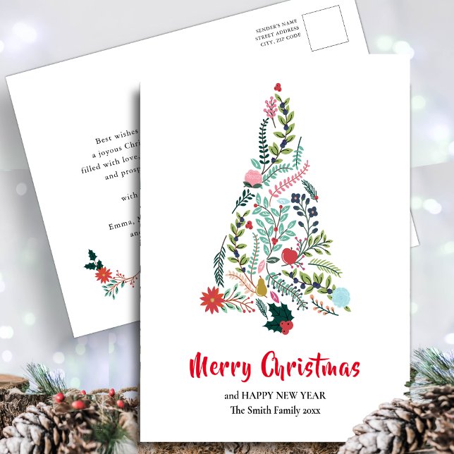 Elegant Red Poinsettia Floral Pine Tree Christmas Postcard (Creator Uploaded)