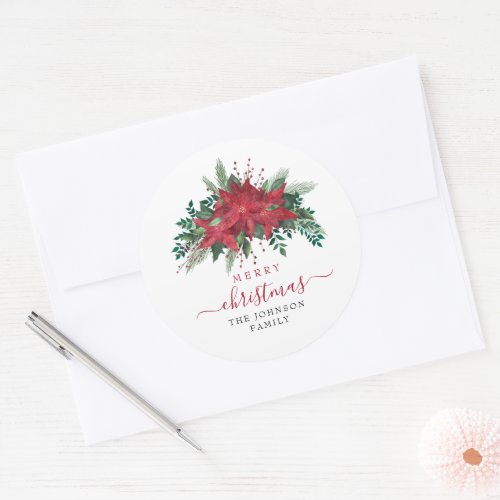 Elegant Red Poinsettia Floral Script Christmas  Classic Round Sticker