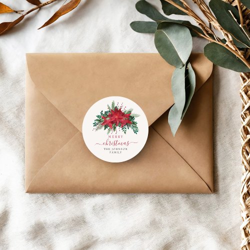 Elegant Red Poinsettia Floral Script Christmas  Classic Round Sticker