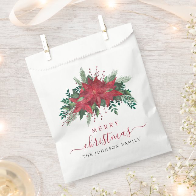 Elegant Red Poinsettia Floral Script Christmas  Favor Bag (Clipped)