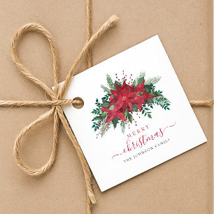 Elegant Red Poinsettia Floral Script Christmas Favor Tags
