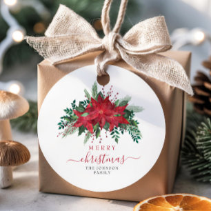 Elegant Red Poinsettia Floral Script Christmas Favor Tags