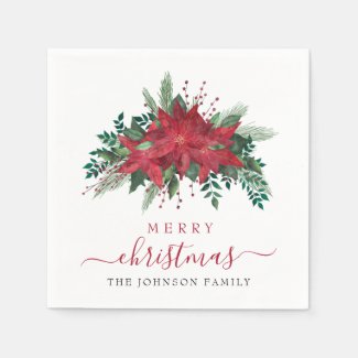 Elegant Red Poinsettia Floral Script Christmas 