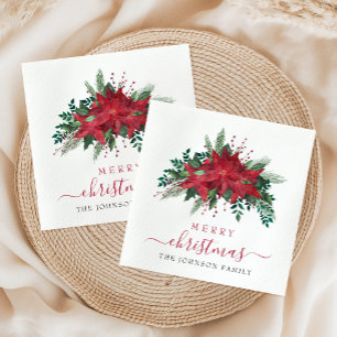 Elegant Red Poinsettia Floral Script Christmas Napkins