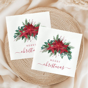 Elegant Red Poinsettia Floral Script Christmas Napkins