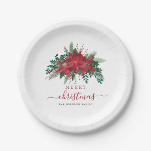 Elegant Red Poinsettia Floral Script Christmas Paper Plates