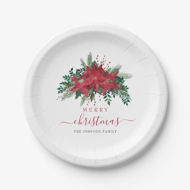 Elegant Red Poinsettia Floral Script Christmas  Paper Plates (Front)