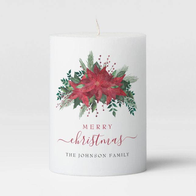 Elegant Red Poinsettia Floral Script Christmas  Pillar Candle (Front)