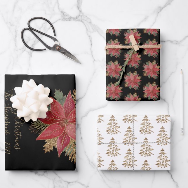 Elegant Red Poinsettia Flower Gold Christmas Trees Wrapping Paper Sheets (Front)