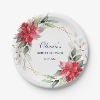 Elegant Red Poinsettia Greenery BRIDAL SHOWER Paper Plates