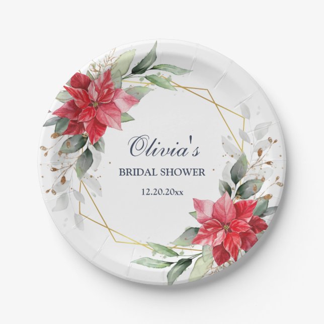 Elegant Red Poinsettia Greenery BRIDAL SHOWER Paper Plates (Front)