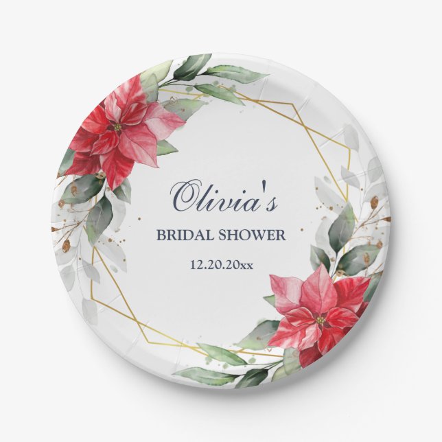 Elegant Red Poinsettia Greenery BRIDAL SHOWER Paper Plates (Front)