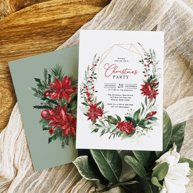 Elegant Red Poinsettia Greenery Christmas Party Invitation (Creator Uploaded)