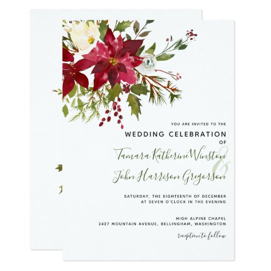 Elegant Red Poinsettia Greenery Christmas Wedding Invitation