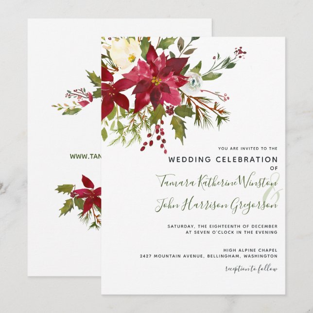 Elegant Red Poinsettia Greenery Christmas Wedding Invitation (Front/Back)