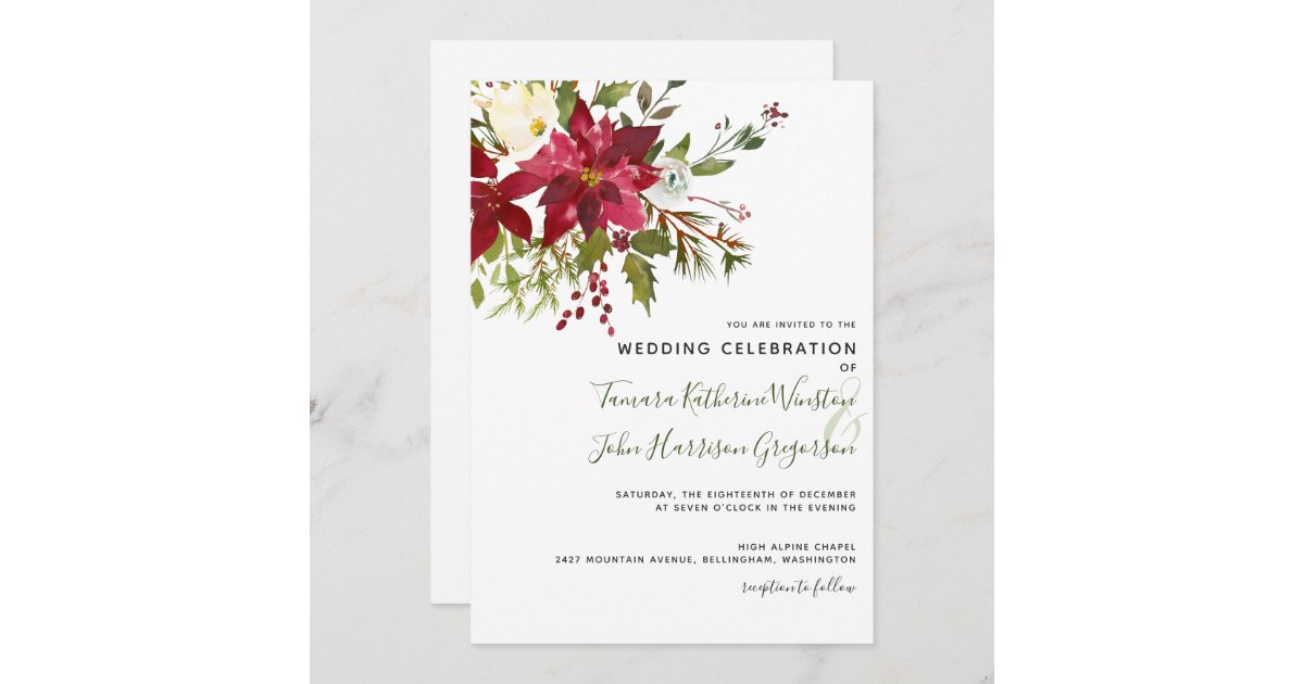 Elegant Red Poinsettia Greenery Christmas Wedding Invitation | Zazzle