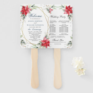 Elegant Red Poinsettia Greenery Wedding Program Hand Fan