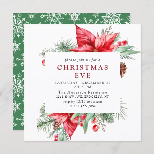 Elegant Red Poinsettia Holiday Christmas EVE Party Invitation