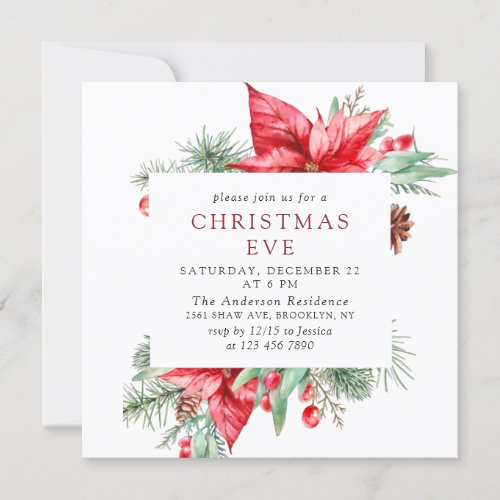 Elegant Red Poinsettia Holiday Christmas EVE Party Invitation