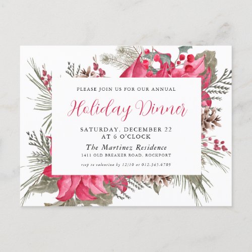 Elegant Red Poinsettia Holiday Dinner Invitation Postcard