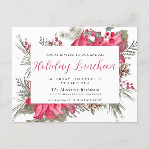 Elegant Red Poinsettia Holiday Luncheon Invitation Postcard