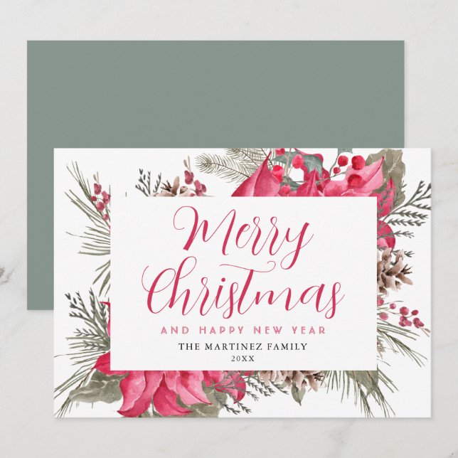 Elegant Red Poinsettia Holly Christmas Holiday Card (Front/Back)