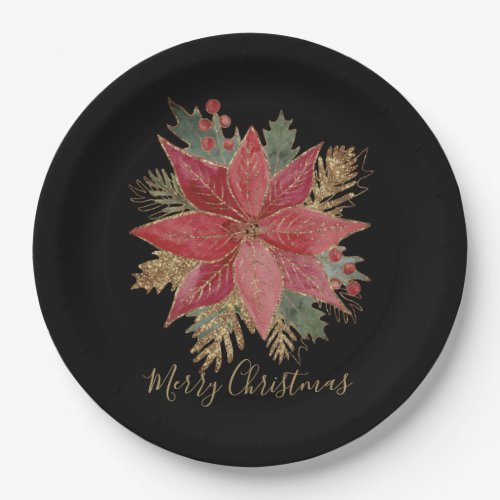 Elegant Red Poinsettia Merry Christmas Party Paper Plates