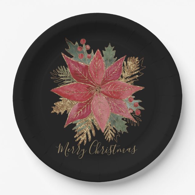 Elegant Red Poinsettia Merry Christmas Party Paper Plates (Front)