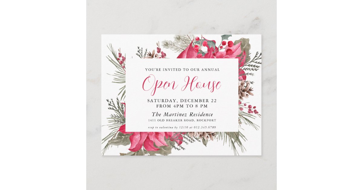 Elegant Red Poinsettia Open House Invitation Postcard | Zazzle