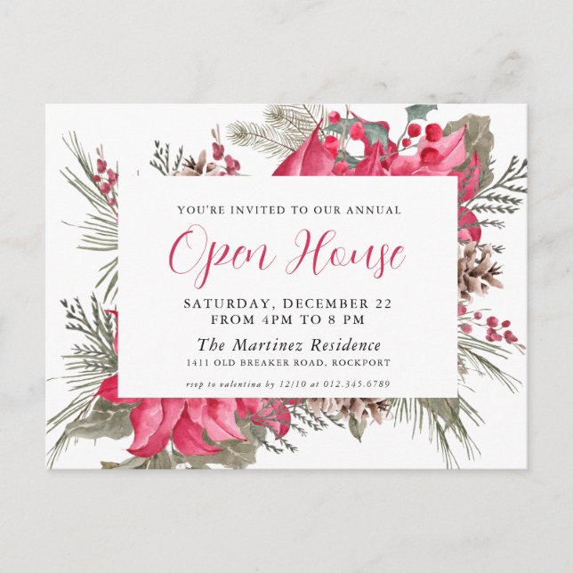 Elegant Red Poinsettia Open House Invitation Postcard (Front)