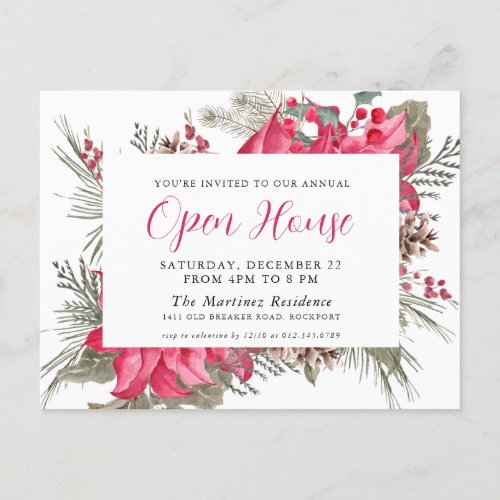 Elegant Red Poinsettia Open House Invitation Postcard