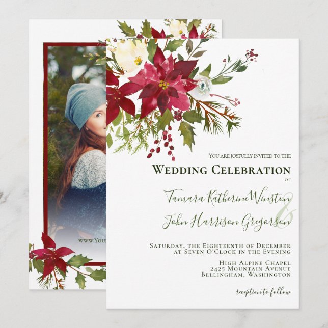 Elegant Red Poinsettia Photo Christmas Wedding Invitation (Front/Back)